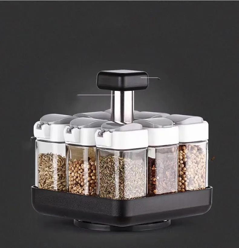 Glass spice jar organizer set with lids in photo colour design for kitchen seasoning storage