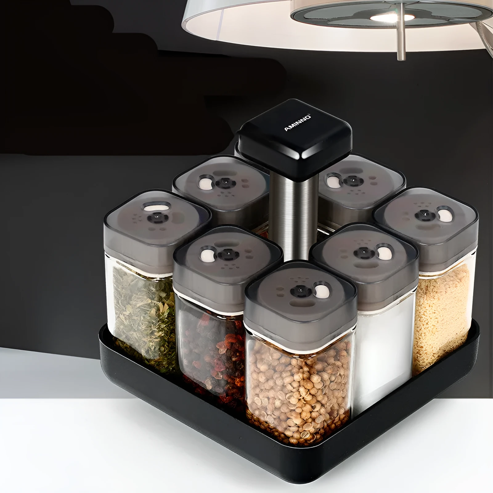 Glass spice jar organizer set with lids in photo colour design for kitchen seasoning storage