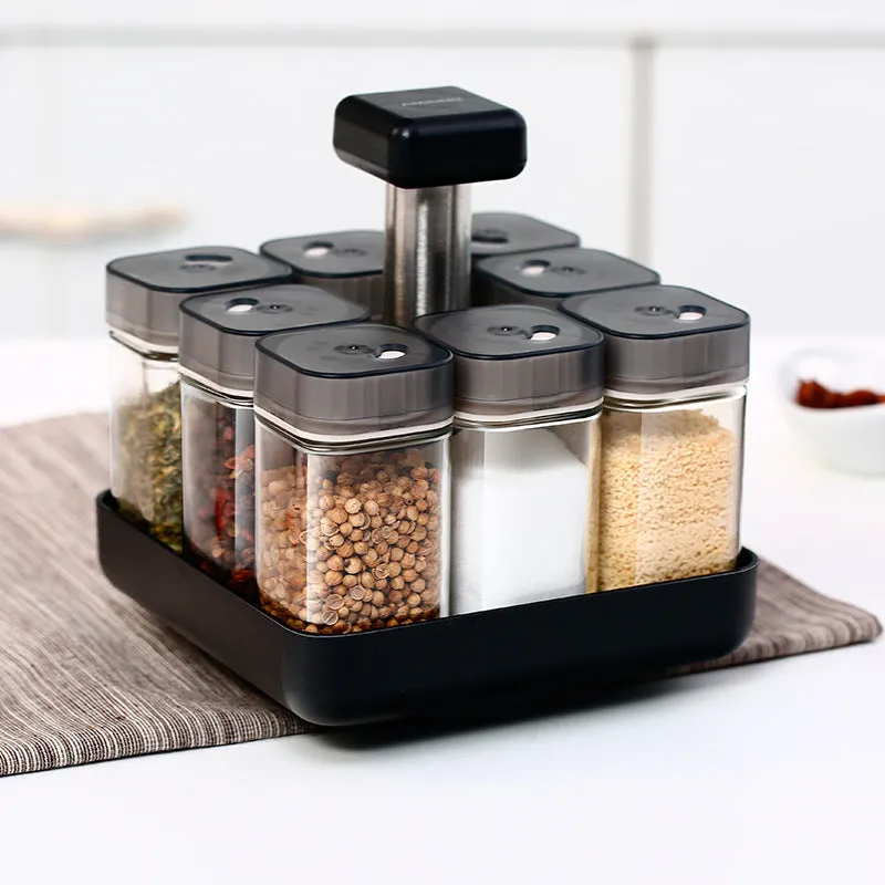 Glass spice jar organizer set with lids in photo colour design for kitchen seasoning storage