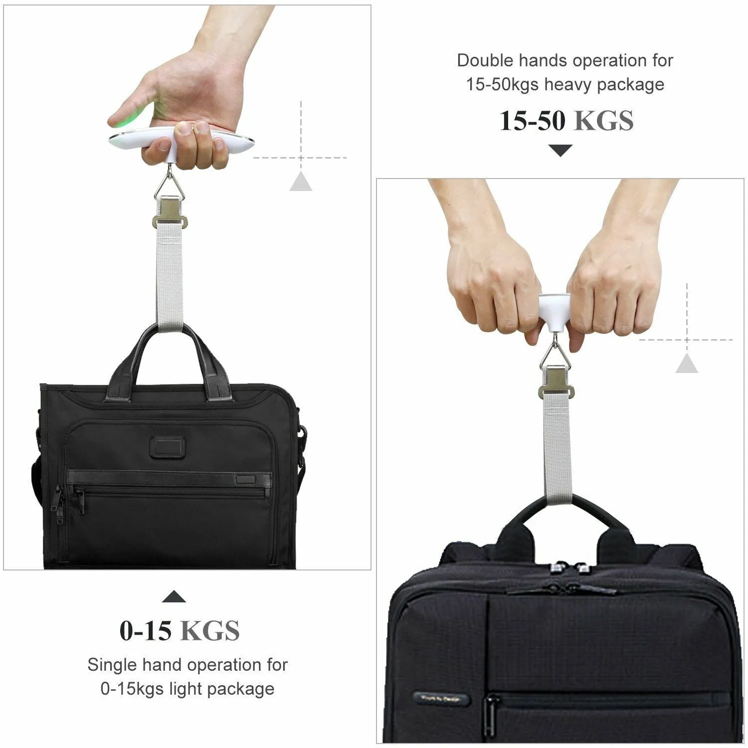 Portable silver LCD digital luggage scale with belt and backlit display showing weight in kg