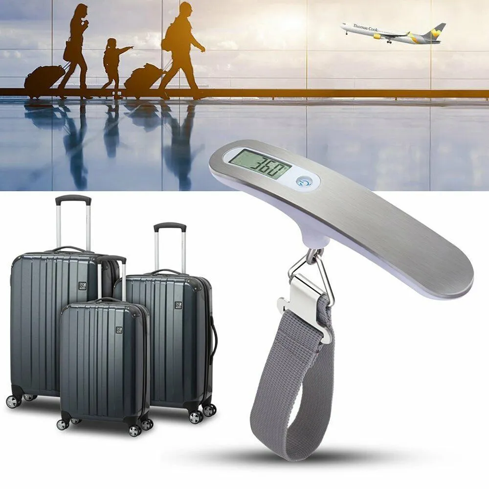 Portable silver LCD digital luggage scale with belt and backlit display showing weight in kg