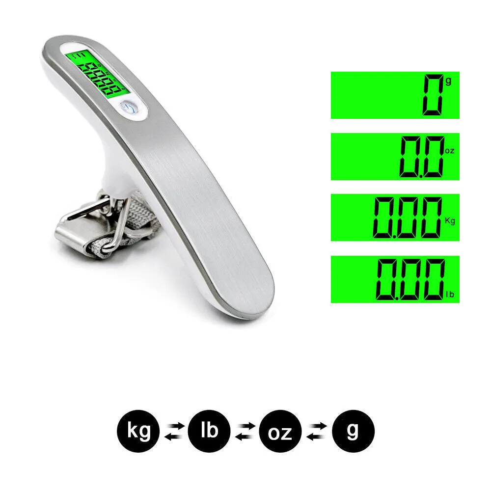 Portable silver LCD digital luggage scale with belt and backlit display showing weight in kg