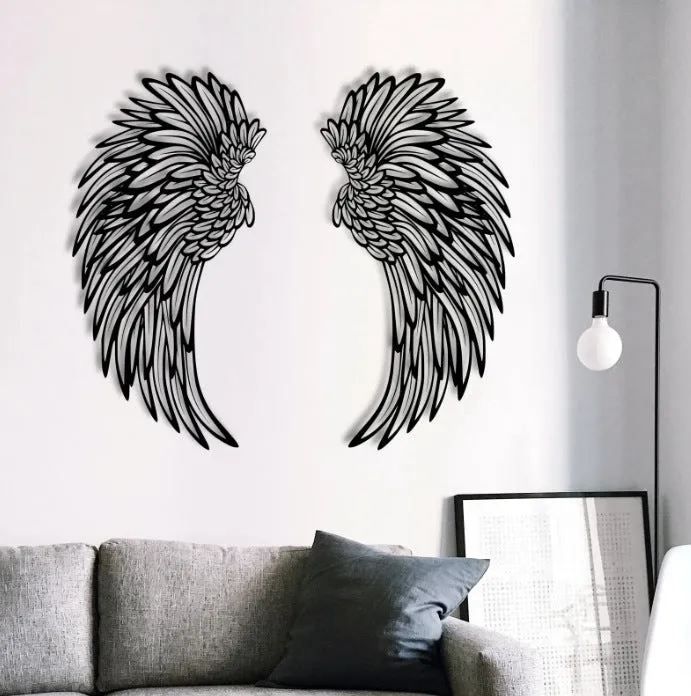 Carved metal wall decor with light, angel wings design, double-sided black iron, 35cm pair on a wall