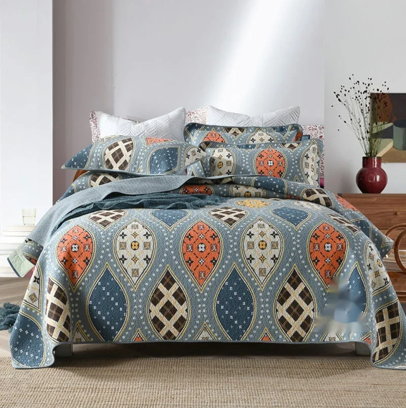 Pure cotton bedspread three-piece set with geometric printed pattern for 1.8 metre bed