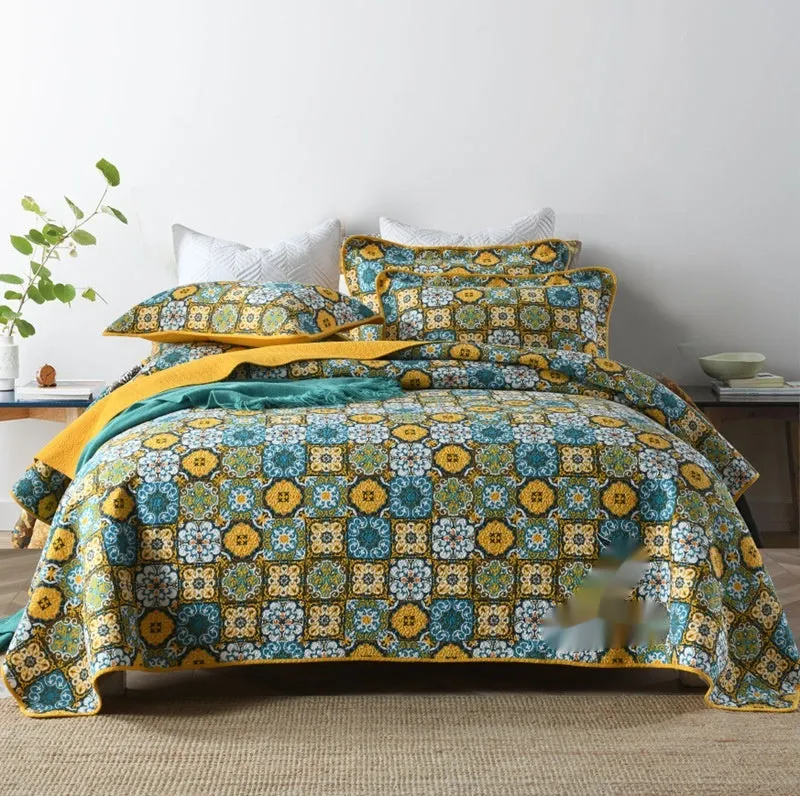 Pure cotton bedspread three-piece set with geometric printed pattern for 1.8 metre bed