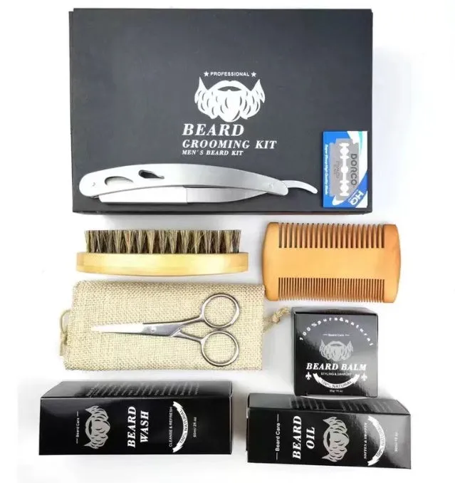 Men's beard grooming kit with beard roller and SPF50 moisturising formula in Suit series packaging