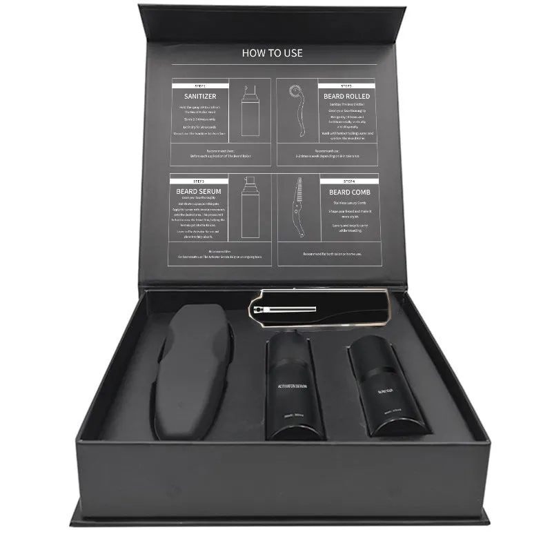 Men's beard grooming kit with beard roller and SPF50 moisturising formula in Suit series packaging