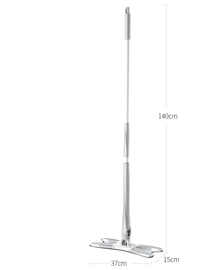 White hand-free flat mop with ABS head and metal pedal next to plastic basket