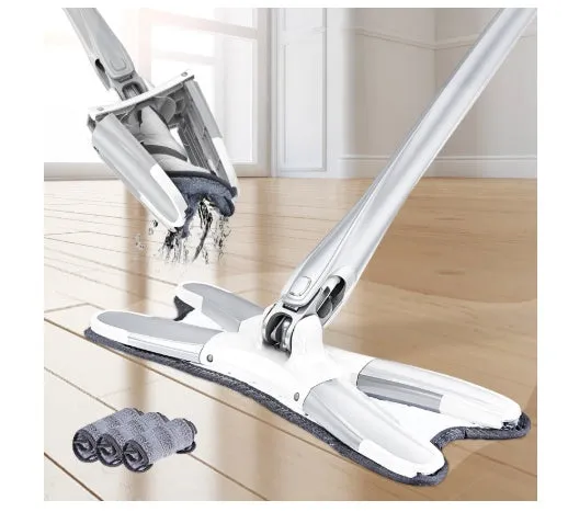White hand-free flat mop with ABS head and metal pedal next to plastic basket
