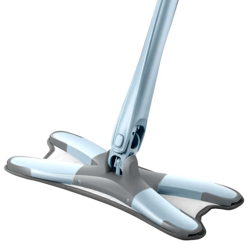White hand-free flat mop with ABS head and metal pedal next to plastic basket
