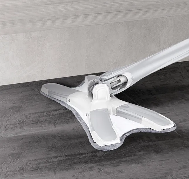 White hand-free flat mop with ABS head and metal pedal next to plastic basket