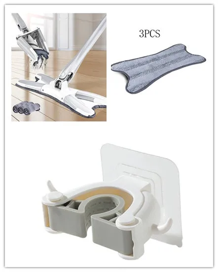 White hand-free flat mop with ABS head and metal pedal next to plastic basket