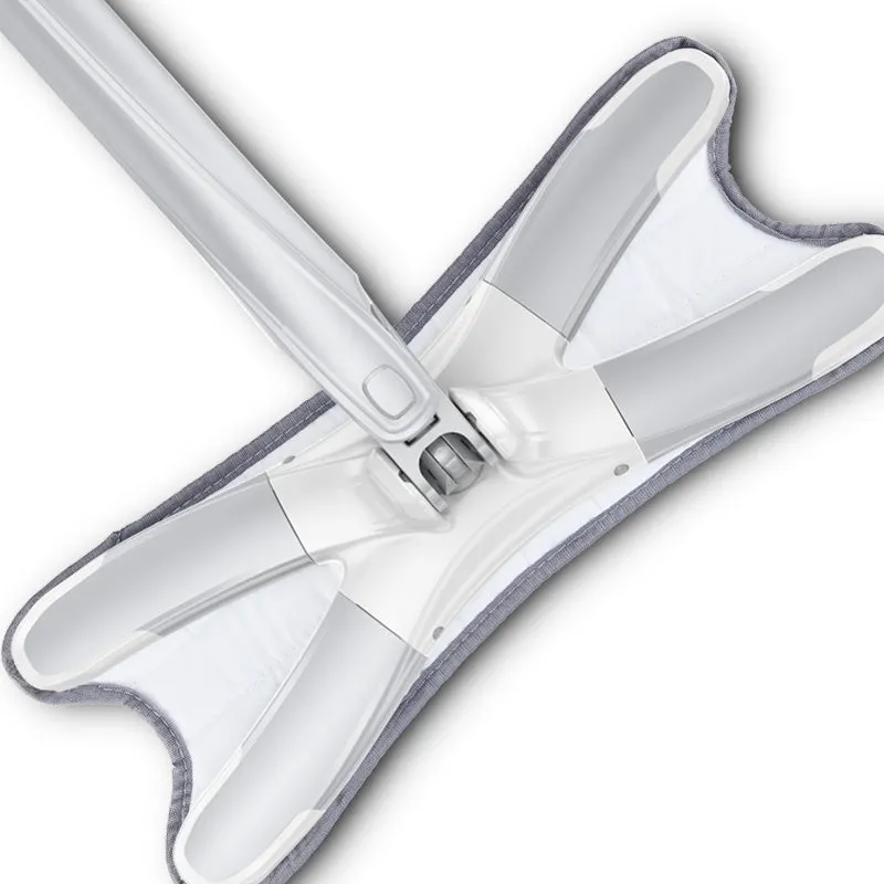 White hand-free flat mop with ABS head and metal pedal next to plastic basket