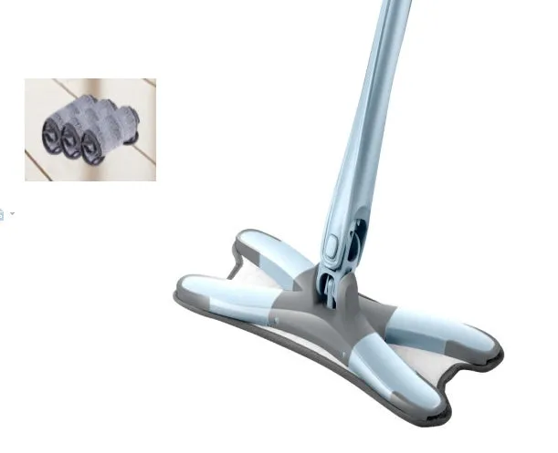 White hand-free flat mop with ABS head and metal pedal next to plastic basket