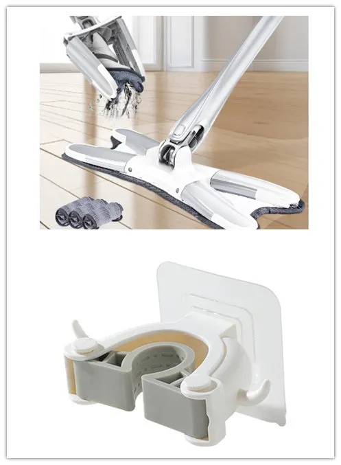 White hand-free flat mop with ABS head and metal pedal next to plastic basket