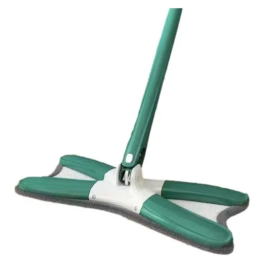 White hand-free flat mop with ABS head and metal pedal next to plastic basket
