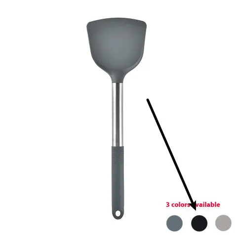 12-piece silicone kitchen utensil set in rotating storage bucket, including spatula, spoon, ladel, and egg beater on kitchen counter.