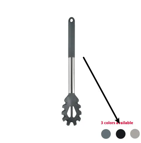 12-piece silicone kitchen utensil set in rotating storage bucket, including spatula, spoon, ladel, and egg beater on kitchen counter.