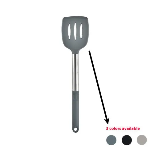 12-piece silicone kitchen utensil set in rotating storage bucket, including spatula, spoon, ladel, and egg beater on kitchen counter.