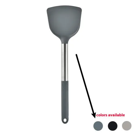 12-piece silicone kitchen utensil set in rotating storage bucket, including spatula, spoon, ladel, and egg beater on kitchen counter.