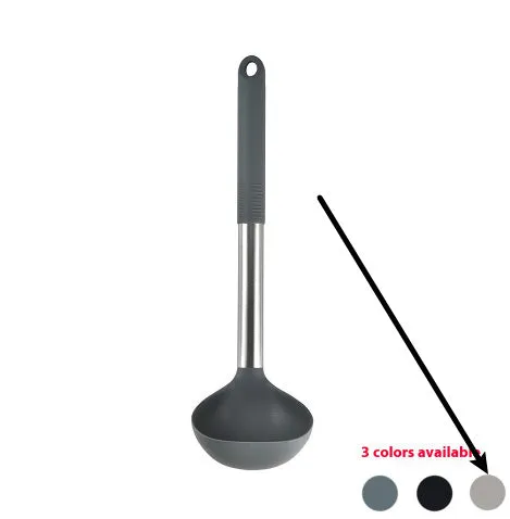 12-piece silicone kitchen utensil set in rotating storage bucket, including spatula, spoon, ladel, and egg beater on kitchen counter.