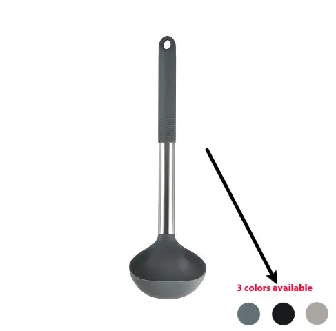 12-piece silicone kitchen utensil set in rotating storage bucket, including spatula, spoon, ladel, and egg beater on kitchen counter.