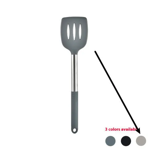 12-piece silicone kitchen utensil set in rotating storage bucket, including spatula, spoon, ladel, and egg beater on kitchen counter.