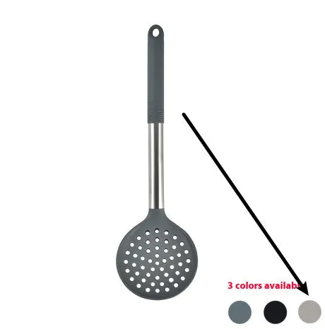 12-piece silicone kitchen utensil set in rotating storage bucket, including spatula, spoon, ladel, and egg beater on kitchen counter.