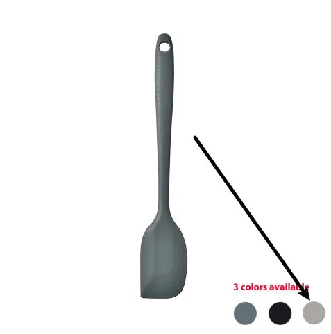 12-piece silicone kitchen utensil set in rotating storage bucket, including spatula, spoon, ladel, and egg beater on kitchen counter.