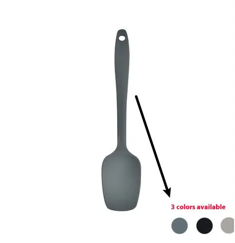 12-piece silicone kitchen utensil set in rotating storage bucket, including spatula, spoon, ladel, and egg beater on kitchen counter.