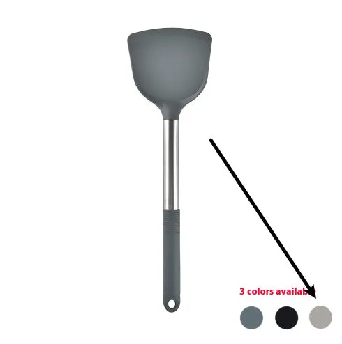 12-piece silicone kitchen utensil set in rotating storage bucket, including spatula, spoon, ladel, and egg beater on kitchen counter.