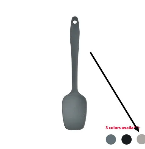 12-piece silicone kitchen utensil set in rotating storage bucket, including spatula, spoon, ladel, and egg beater on kitchen counter.