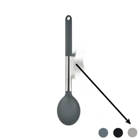 12-piece silicone kitchen utensil set in rotating storage bucket, including spatula, spoon, ladel, and egg beater on kitchen counter.