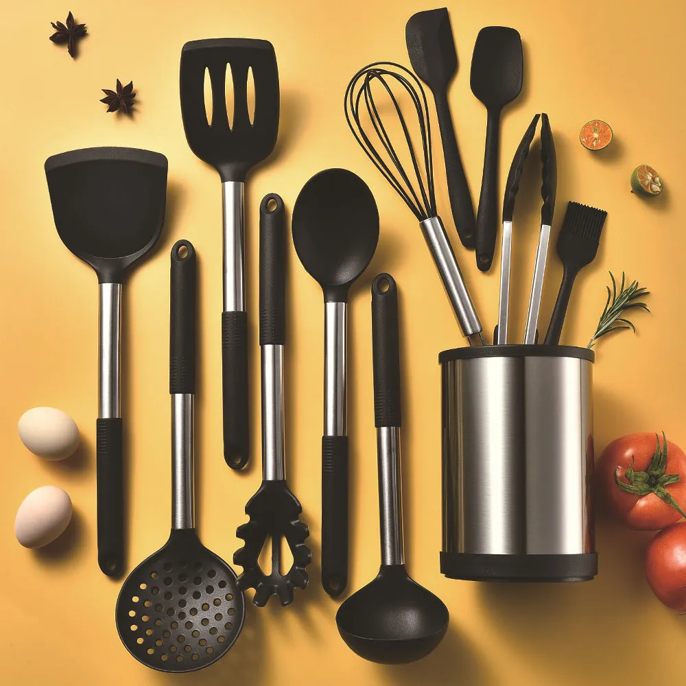 12-piece silicone kitchen utensil set in rotating storage bucket, including spatula, spoon, ladel, and egg beater on kitchen counter.