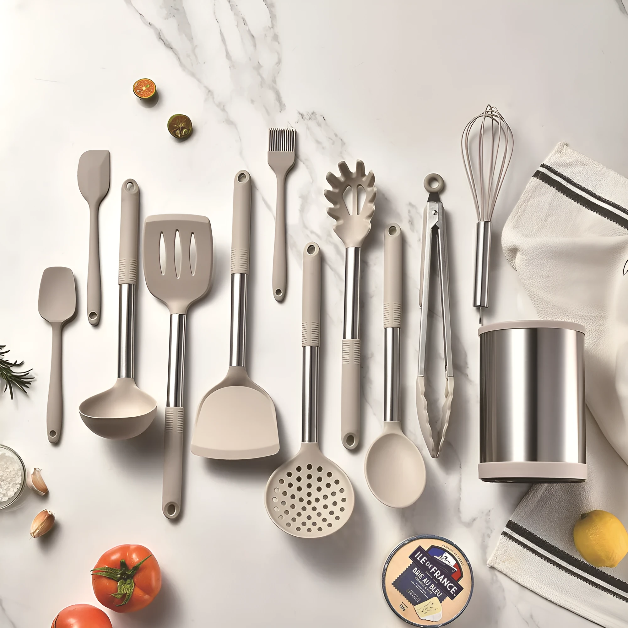 12-piece silicone kitchen utensil set in rotating storage bucket, including spatula, spoon, ladel, and egg beater on kitchen counter.