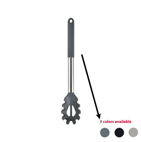 12-piece silicone kitchen utensil set in rotating storage bucket, including spatula, spoon, ladel, and egg beater on kitchen counter.
