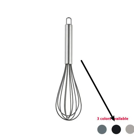 12-piece silicone kitchen utensil set in rotating storage bucket, including spatula, spoon, ladel, and egg beater on kitchen counter.