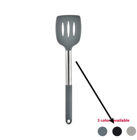 12-piece silicone kitchen utensil set in rotating storage bucket, including spatula, spoon, ladel, and egg beater on kitchen counter.