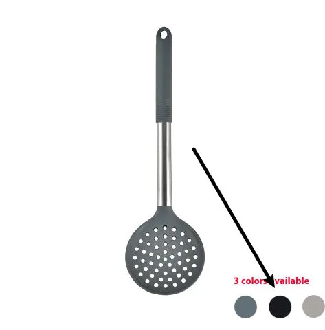 12-piece silicone kitchen utensil set in rotating storage bucket, including spatula, spoon, ladel, and egg beater on kitchen counter.