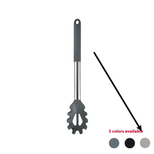 12-piece silicone kitchen utensil set in rotating storage bucket, including spatula, spoon, ladel, and egg beater on kitchen counter.