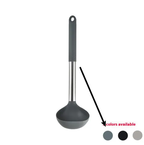 12-piece silicone kitchen utensil set in rotating storage bucket, including spatula, spoon, ladel, and egg beater on kitchen counter.