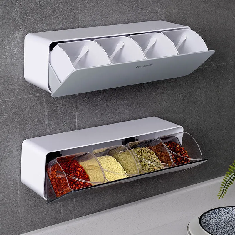 Plastic spice box set in grey with spoon, modern simple style for kitchen storage