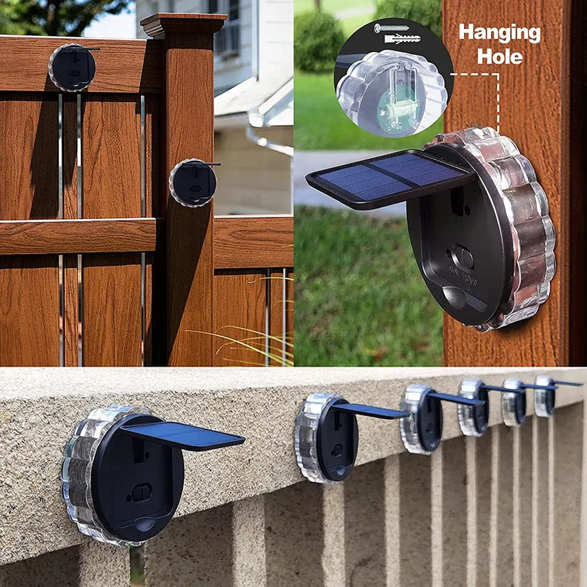 Round solar fence light with 9 LED lights in ABS housing for outdoor wall mounting