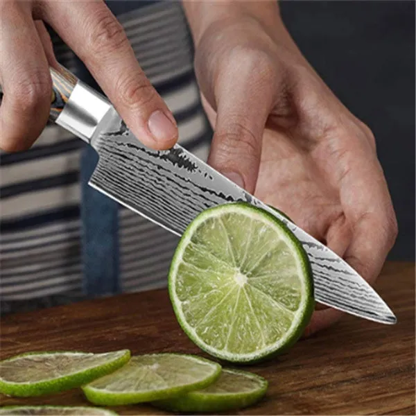 6-piece 7CR17 stainless steel knife set with wooden handles and laser Damascus pattern on silver blades
