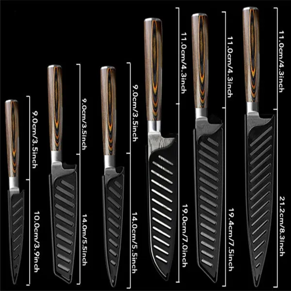 6-piece 7CR17 stainless steel knife set with wooden handles and laser Damascus pattern on silver blades