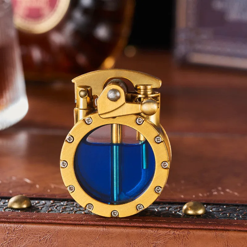 Metal rocker arm kerosene lighter with round transparent fuel tank zinc alloy body gold drawing finish