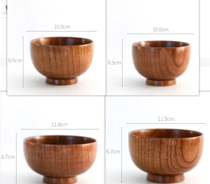Set of four round wooden bowls in natural wood colour from 10x6.5cm to 11.8x6.7cm