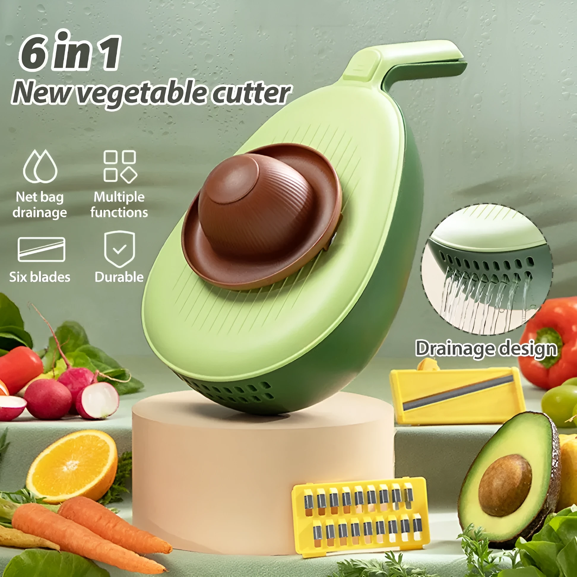 Avocado green vegetable grater with stainless steel blades on kitchen counter