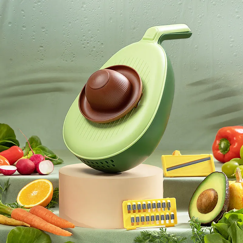 Avocado green vegetable grater with stainless steel blades on kitchen counter