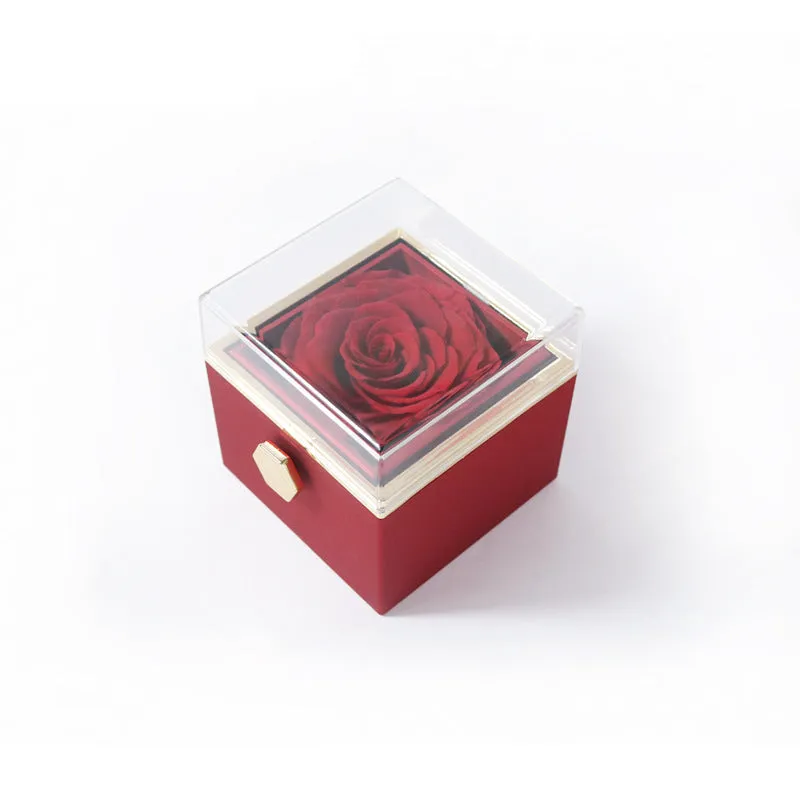 Acrylic rotating rose jewellery box in Chinese red with compartments for rings and earrings